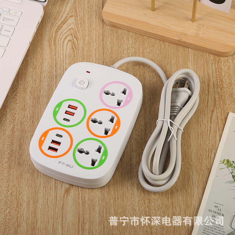 4USB + 2Type-C Black and White Shell Estándar británico Estándar europeo Estándar americano Embalaje neutro interruptor de control general Decoración de círculo de color