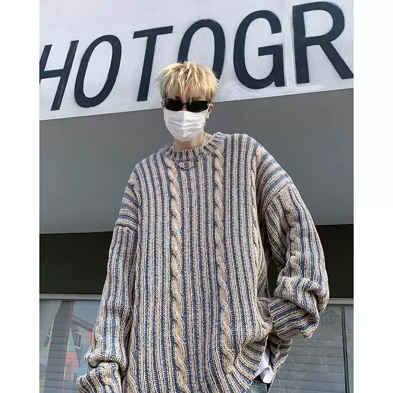 cleanfit高级感毛衣男秋冬季韩系混色复古撞色套头圆领休闲针织衫