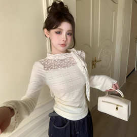蕾丝钩花半高领长袖针织衫女春秋季小众蝴蝶结绑带打底衫内搭上衣