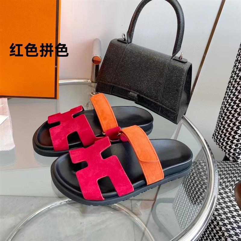 女性用の高品質の二級サンダル、ビーチ用の第一層牛革ベルクロスリッポン、男性用のフラットビッグブランドスリッパ|undefined