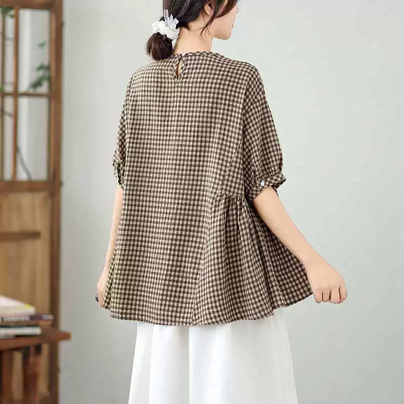 Summer doll, shirt, Korean style, plus size, cotton and linen, with short sleeve