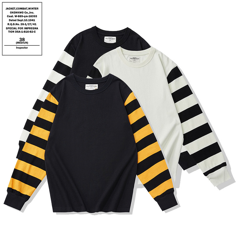 OKONKWO pesado 280g cuello redondo de la motocicleta de manga larga Camiseta de color a juego de rayas motocicleta camiseta de la motocicleta