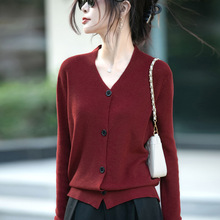 2025年秋冬新款羊毛V领针织开衫长袖女纯色宽松气质百搭上衣