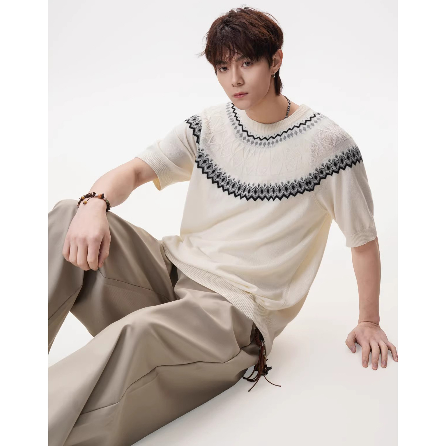 Camiseta de punto de cuello redondo Jacquard hombre de verano fábrica de hielo al por mayor camiseta de manga corta