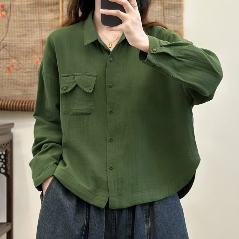 日韩双层棉纱纯色衬衫宽松文艺翻领衬衣开衫休闲百搭上衣女装|undefined
