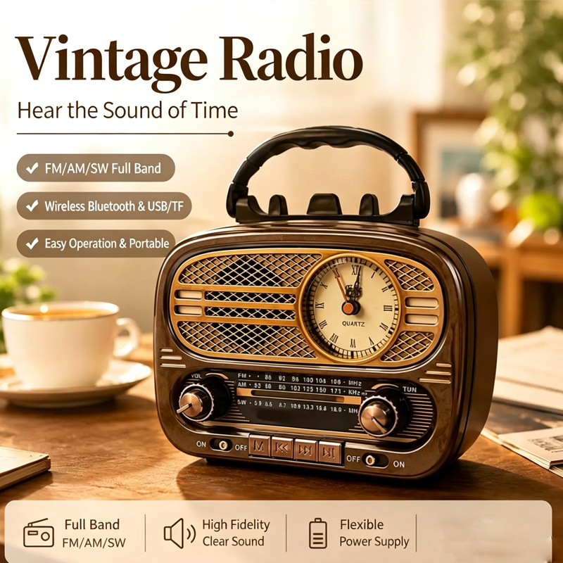 New cross-border vintage radio with clock, Bluetooth speaker, portable multi-band FM ornament, computer audio system New cross-border vintage radio with clock, Bluetooth speaker, portable multi-band FM ornament, computer audio system