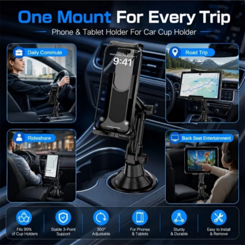 Cross-border car cup holder dual-use for mobile phones and tablets, long-joint rotating adjustable navigation universal phone holder