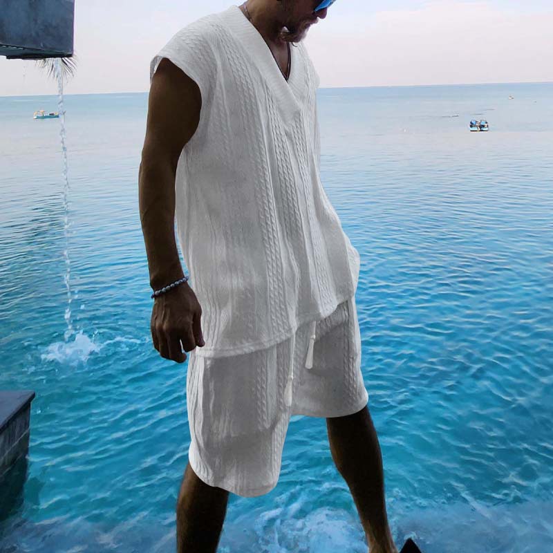 Men's Summer Jacquard Knit Short Sleeve Shirt And Shorts Set, Comfortable Casual Lounge Wear_viptrois.com