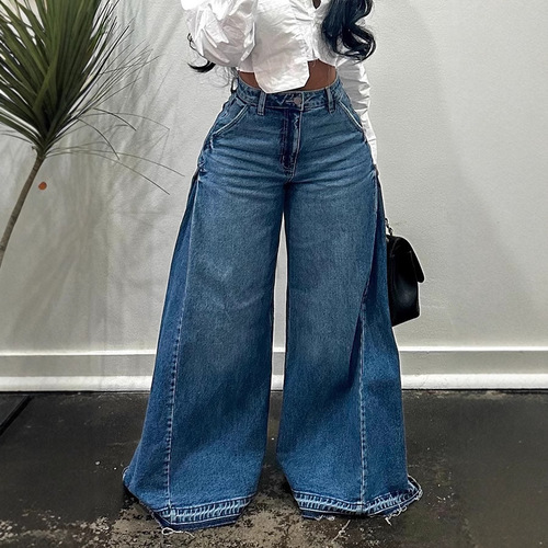 European and American cross-border American vintage imported wide-leg pants with patchwork design, trendy blue washed denim trousers, loose-fitting long pants