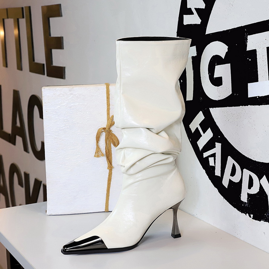 Women's Pleated Over The Knee Boots With Thin Heel And Steel Toe_voghion.com