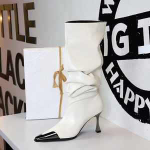 858-12 long boots, women's pleated pile boots, thin heels, high heels, iron toe fashion boots, wide boots, high boo