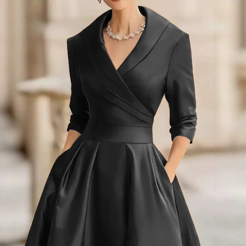 Cross-border evening dress, best-selling on Amazon, short satin dress with V-neck, A-line cut, open pocket, 7/8 sleeves, bridesmaid dress for weddings Cross-border evening dress, best-selling on Amazon, short satin dress with V-neck, A-line cut, open pocket, 7/8 sleeves, bridesmaid dress for weddings