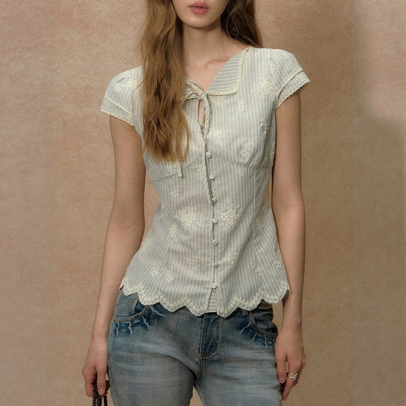 Paper Boat and Wind Short Sleeve Shirt for Women, Summer Short Slim Fit Unique Super Beautiful Striped Top