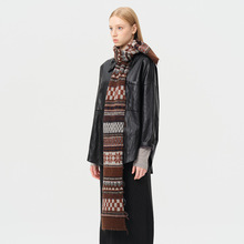 设计师款50%羊毛混纺费尔岛提花毛边针织围巾女冬季复古毛线围脖
