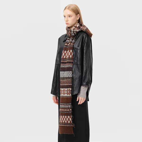 Designer Style 50% Wool Blend Fair Isle Jacquard Fringed Knitted Scarf for Women, Winter Vintage Woolen Neck Warmer