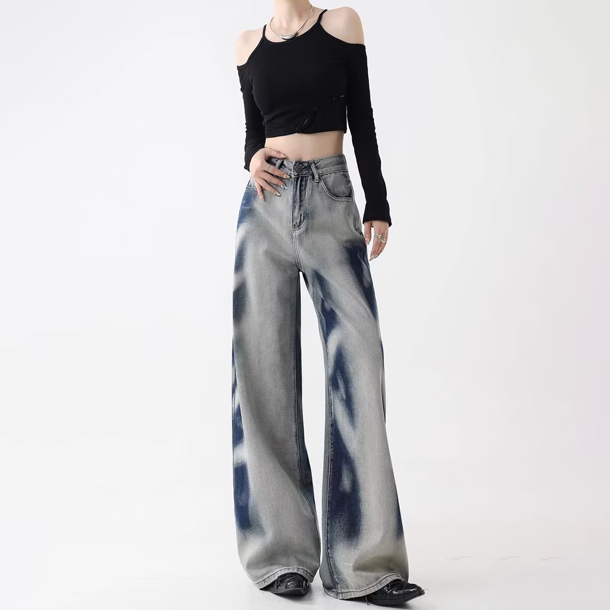 Spring and Autumn New Cross-Border American Retro Gradient Tie-Dye Jeans for Women, Early Autumn Loose Versatile Straight-Leg High-Waisted Pants