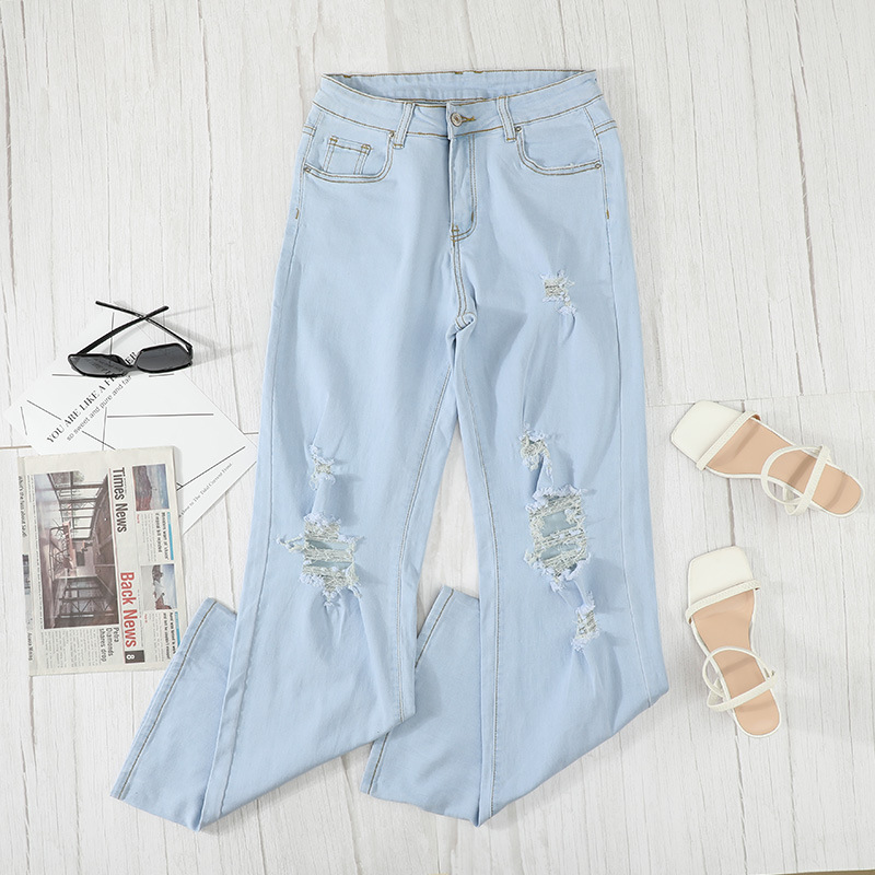 时颖亚马逊浅色牛仔裤女春夏新款欧美跨境水洗高腰宽松休闲长裤女