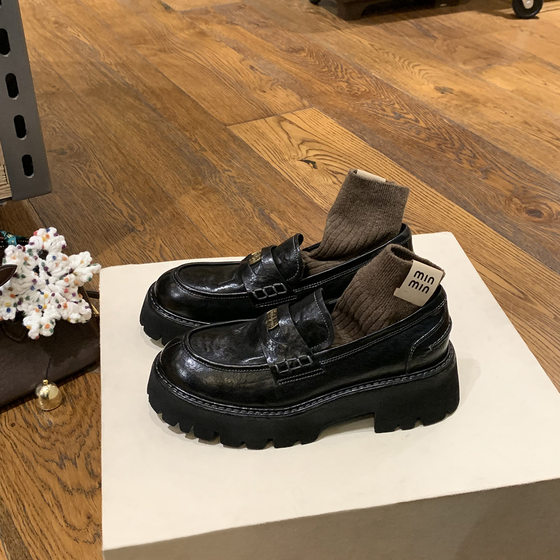 Cowhide Edition ~ Grape Mom Same Style Used Horse Skin Small Gold Coin British Wind Round Head Pedal Lazy Love Leather Shoes