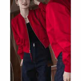 小个子保暖简约飞行服上衣夹棉红色棒球服短外套女款2025冬季新款