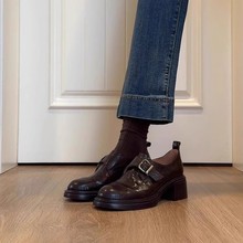 羊皮版~复古皮带扣深口乐福鞋女简约通勤粗跟一脚蹬英伦风小皮鞋