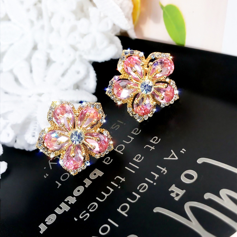 fashion flower zircon full rhinestone pink petal copper stud earrings wholesalepicture2