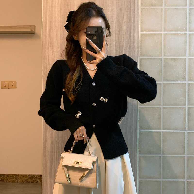 蝴蝶结外套上衣女小香风高级感黑色毛衣女软糯秋冬V领小开衫外套|undefined