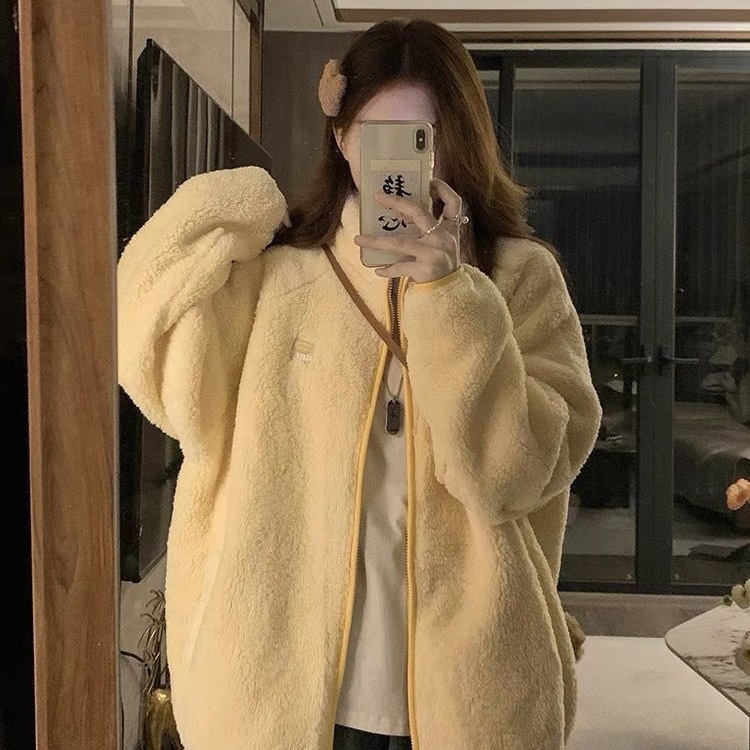 羊羔毛棉衣外套女2025冬季新款国潮宽松撞色情侣保暖加厚毛绒棉服