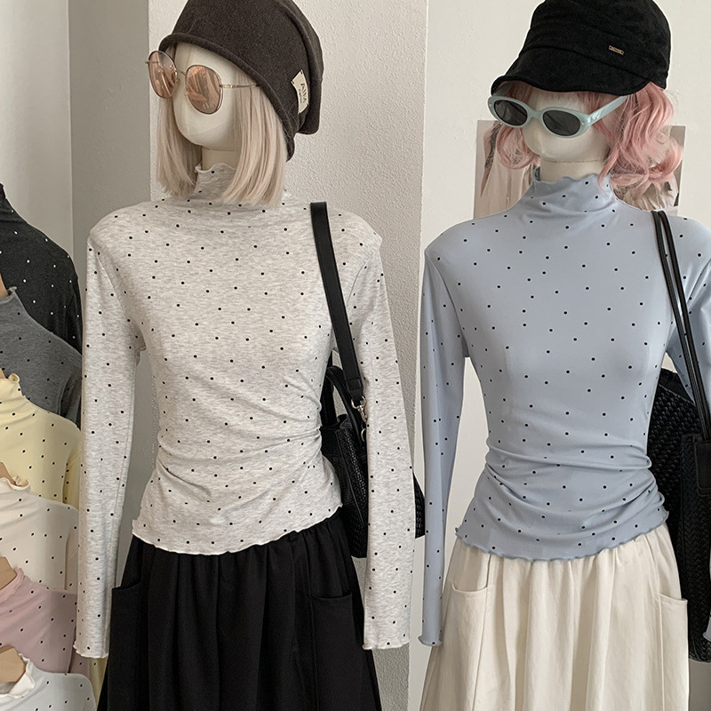 KEKEZOON Polka Dot Ruffled Half-High Collar Long Sleeve Base Shirt T-Shirt for Women, New Early Autumn Top 8706