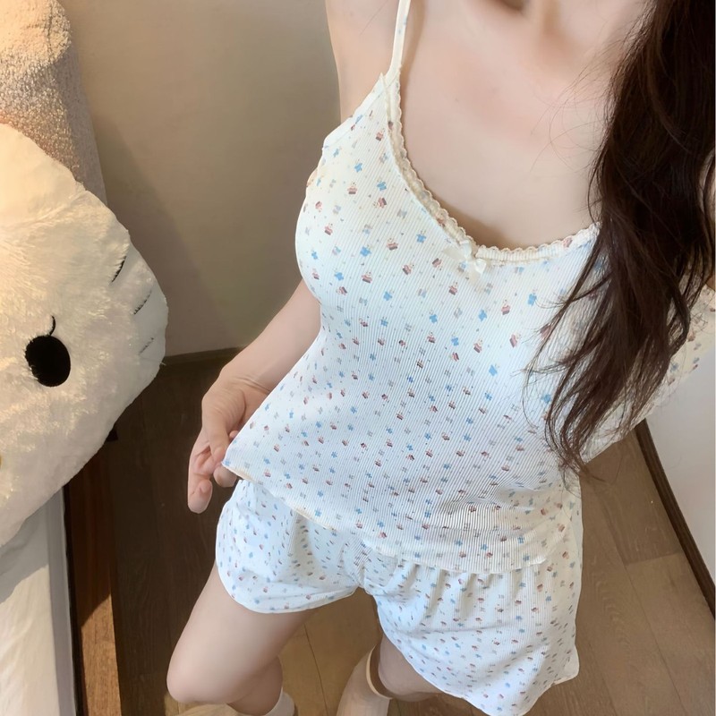 ins夏季纯欲少女卡通吊带短裤睡衣夏天带胸垫2025新款家居服套装|undefined
