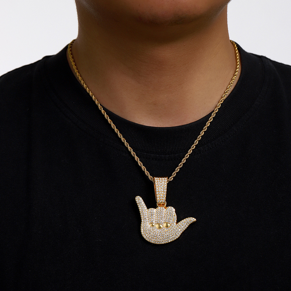 Collar con Colgante de Aleación con Diamantes Completos, Diseño de Gestos de la Suerte, Personalizado, Estilo Hip-Hop para Hombre, Cadena Cubana, Anillo de Dedo Texturizado