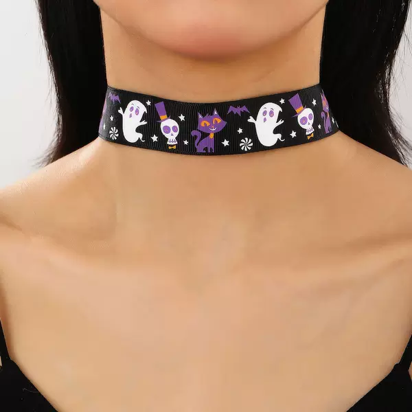 Cross-border Halloween New European and American Ghost Black Cat Skull Cute Cartoon Ribbon Printing Necklace Chain Clavicle Chain
