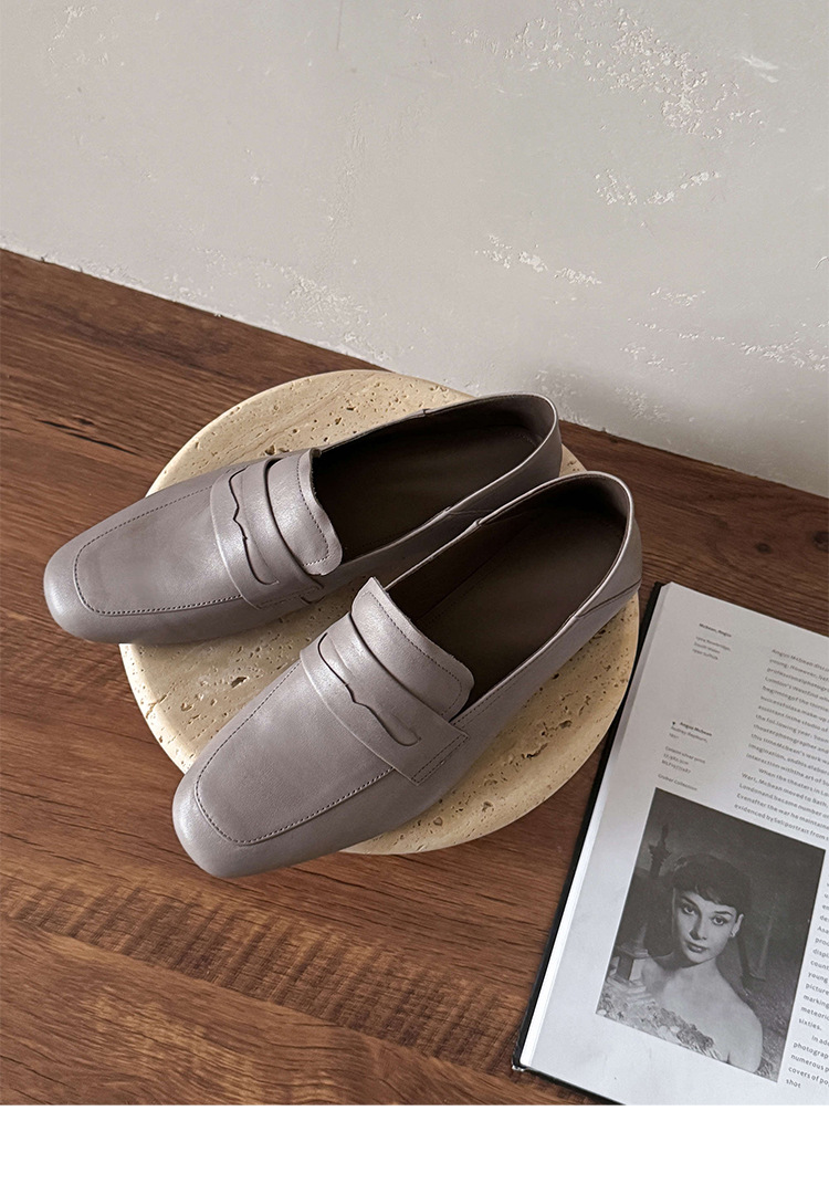 Giày loafer nữ mũi tròn da bò, gót vuông 2.5 cm phong cách Pháp — màu nâu chi tiết 25