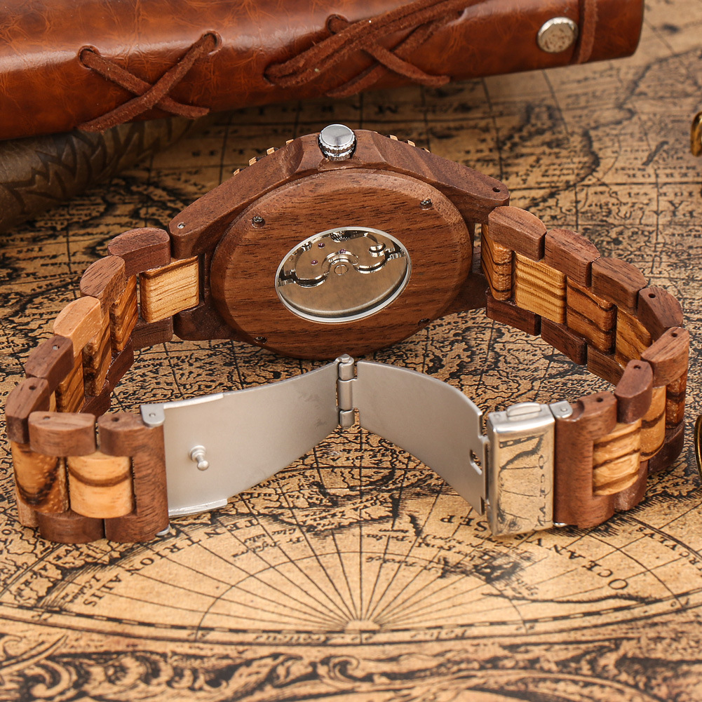 Automatic Mechanical Watch Men Zebra Wood Red Sandalwood Skeleton_voghion.com