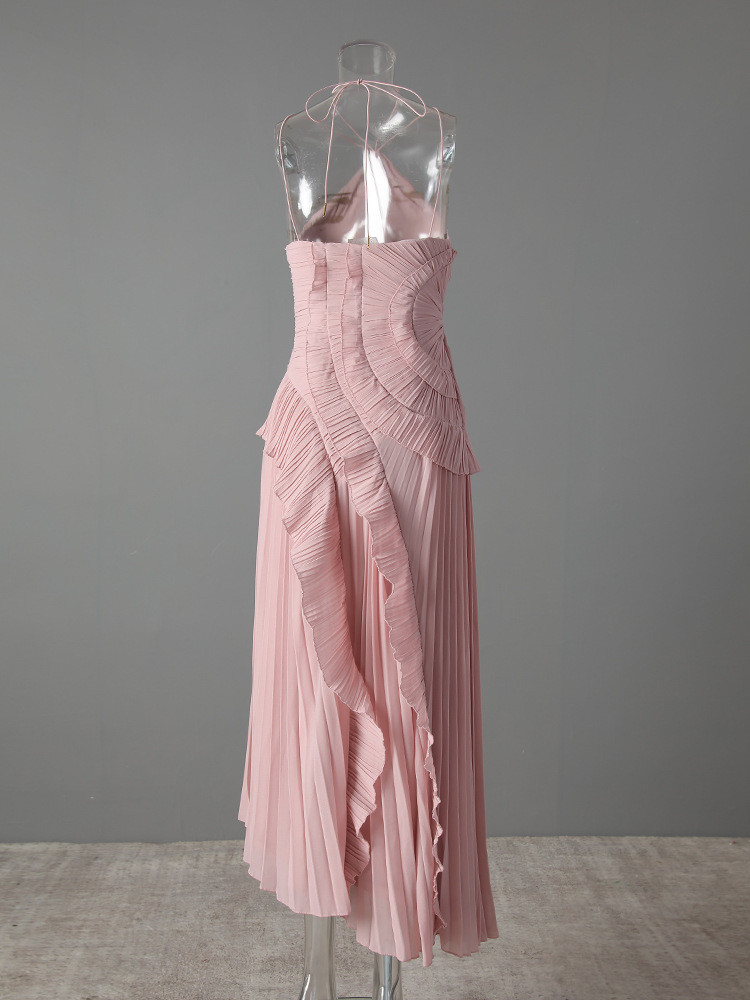 Elegant Chiffon Wrap Neck Maxi Dress With Ruffles & Backless Design For Vacation & Party,Enhances Your Curves While Elongating Your Silhouette._ecoleips.com