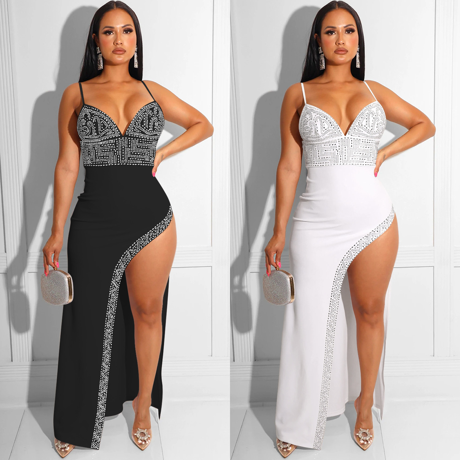 C5902 nuevos productos transfronterizos QuickBuy Amazon Europa y América taladro caliente sexy cinturón irregular vestido largo image 1