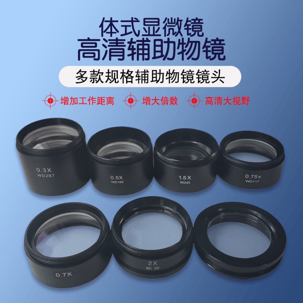 体视显微镜物镜0.5X/0.7X镜头0.3X增高2X缩倍镜1.5X/0.75辅助物镜