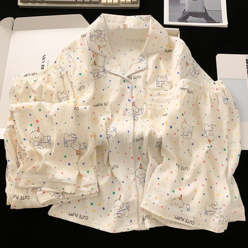 Al por mayor transfronterizo de tres piezas nubes algodón pijama cardigán con solapa mangas cortas pantalones cortos de dibujos animados a cuadros ropa para el hogar