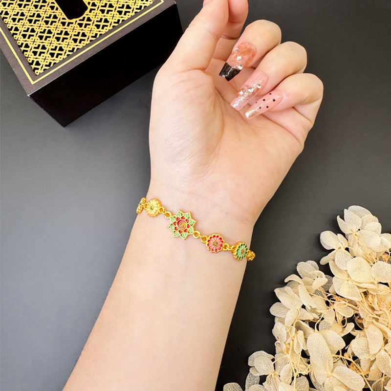 Brazalete de oro de arena vietnamita esmalte de color frutífero pulsera de flores de sol para mujeres que no se desvanecen joyerías de lujo ligeras