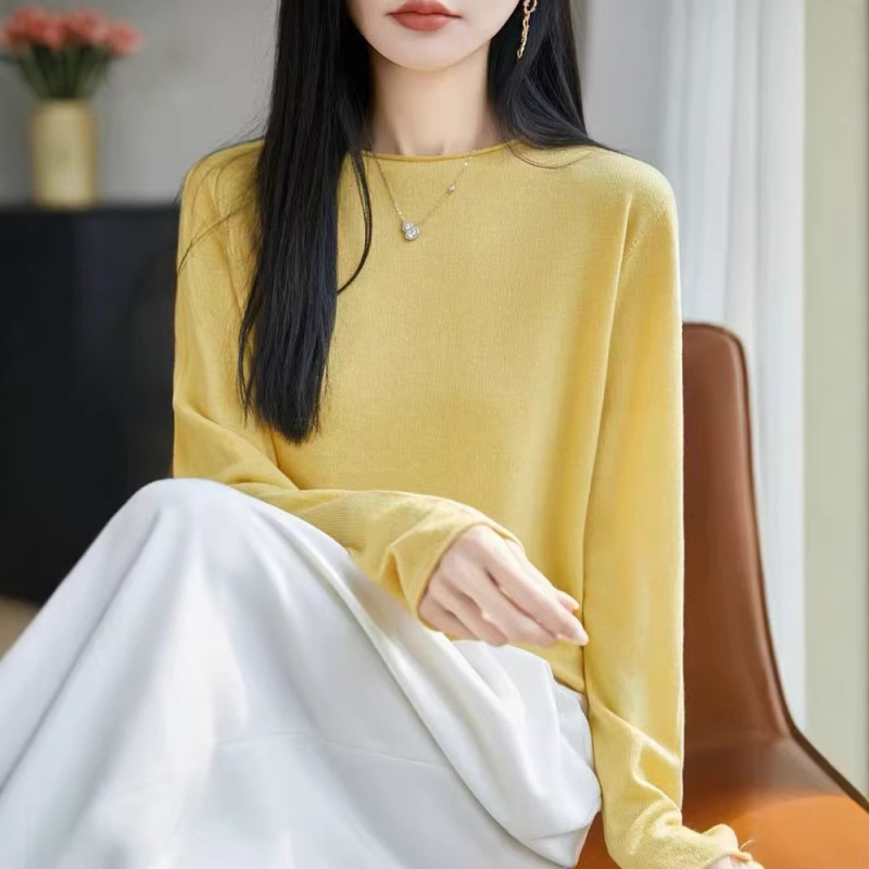 2026 Spring/Summer New High-End Ready-To-Wear Water-Soluble Wool Round Neck Rolled Edge Knitted Sweater Long Sleeve Women's Solid Color Base Shirt 2026 Spring/Summer New High-End Ready-To-Wear Water-Soluble Wool Round Neck Rolled Edge Knitted Sweater Long Sleeve Women's Solid Color Base Shirt