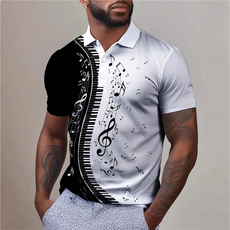 Men's Casual Printed 3D Golf Lapel Knitwear Outdoor Music Symbol Streetwear Polyester Short Sleeve Lapel