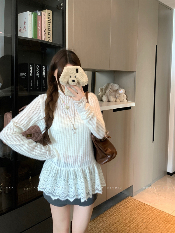 纯色花边半高领长袖T恤女早秋叠穿蕾丝内搭打底衫设计感小众上衣|undefined