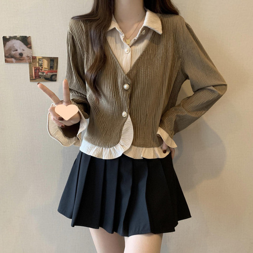 Design-sensitive corduroy long-sleeved women's shirt autumn winter plus size thick-fitting slimming short-length two-piece Maillard top