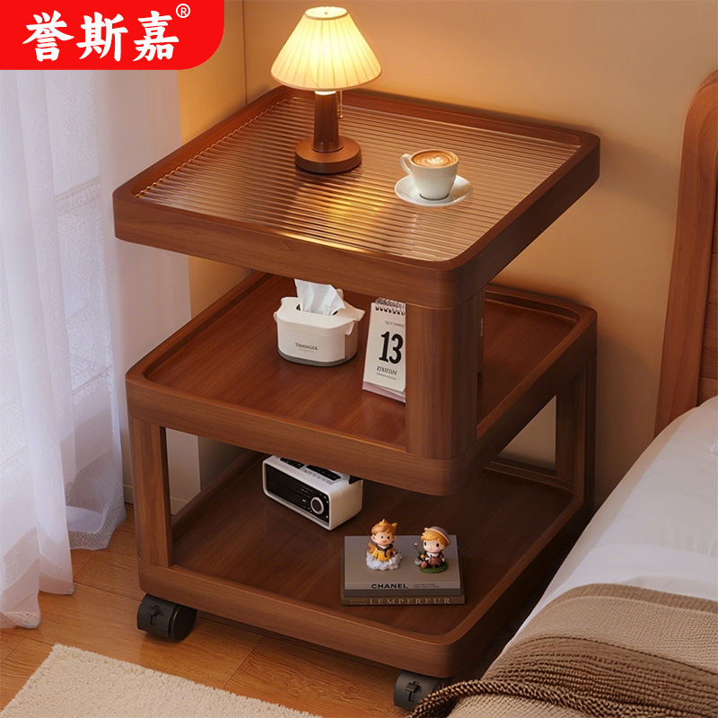 Movable Bedside Table Storage Rack Bedroom Small Multi-Purpose Open Bedside Creative Mid-Century Style Wooden Small Table