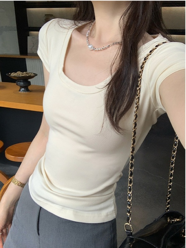 ヨーロッパスタイルの女性用右肩スリム半袖Tシャツ2025年夏新作ニッチファッションスタイルスリムトップボトリングシャツ|undefined