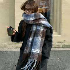 韩版马海毛格子围巾女冬海盐奶咖蓝色加厚氛围感保暖学生披肩围脖