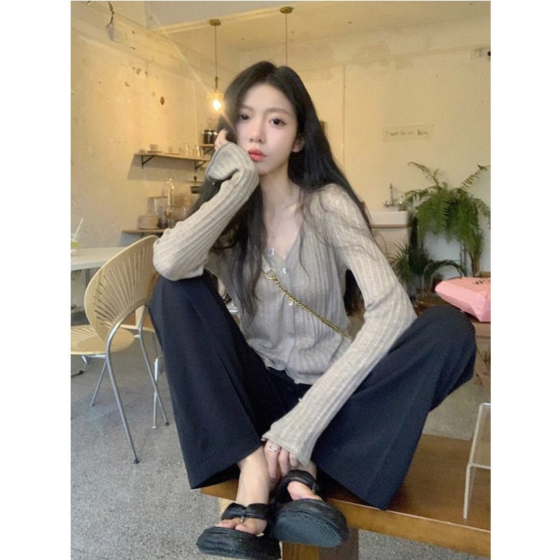 French V Neck Knitted Cardigan, Autumn and Winter Chic Thin Design, Slim-Fitting Bottoming Shirt, Spring & Fall Long-Sleeved Top for Women