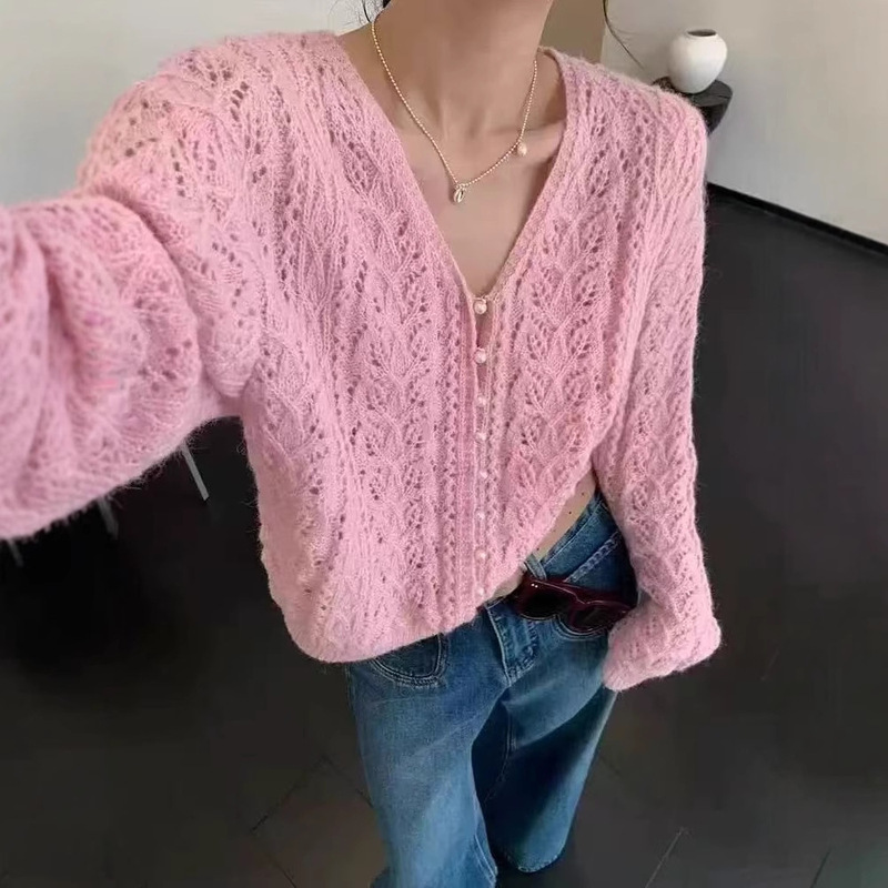 镂空钩花V领防晒长袖针织衫女春季新款温柔风 毛衣外套空调衫上衣|undefined