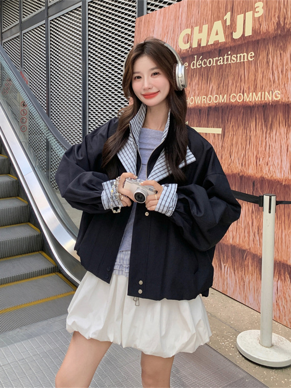 假两件休闲格纹拼接藏蓝色短外套女春秋2025新款巨好看小个子夹克|undefined