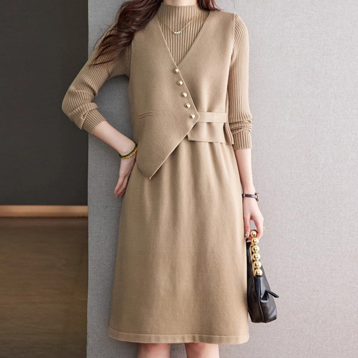 Autumn Vest and Knitted Skirt Two-Piece Set 2026 New Women's Fashion French Style Elegant Base Dress Set