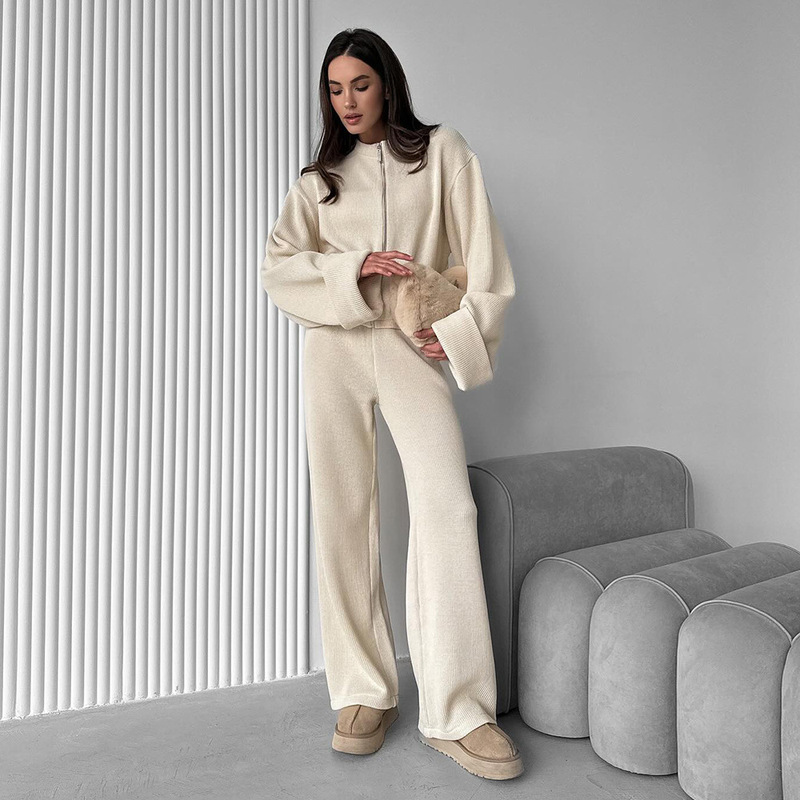 Cross-Border Knitted Long-Sleeved Wide-Leg Pants Suit European and American 2025 Autumn and Winter New Zipper Jacket Pants Casual Suit Cross-Border Knitted Long-Sleeved Wide-Leg Pants Suit European and American 2025 Autumn and Winter New Zipper Jacket Pants Casual Suit
